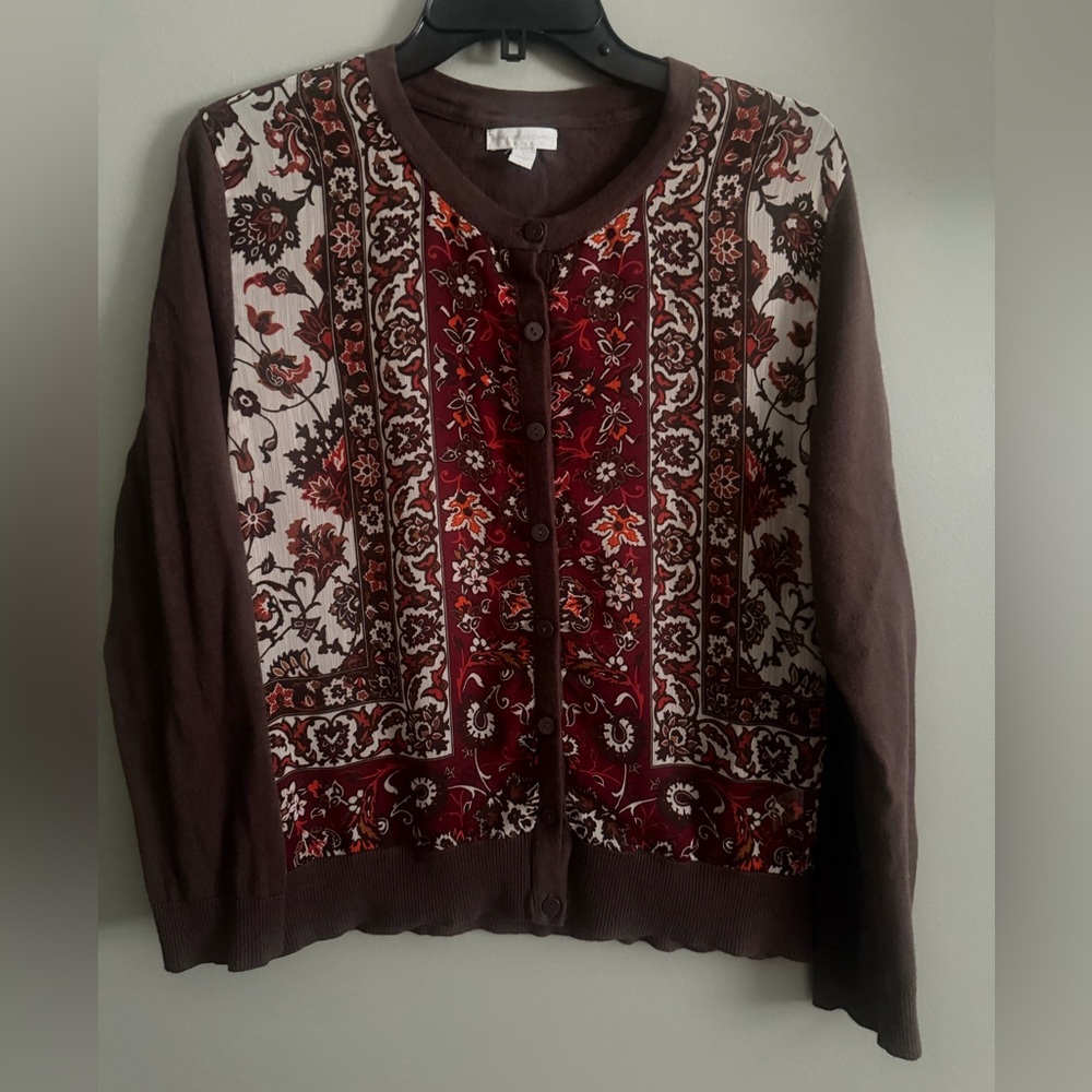 New York & Company Brown button up cardigan sweater with floral panels  sz L